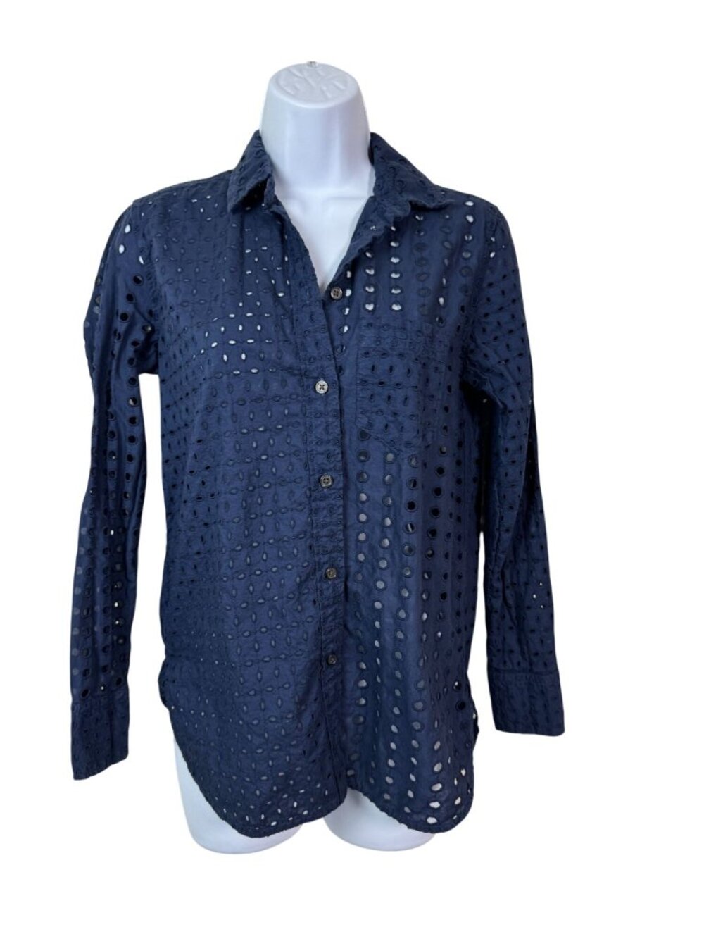 J. Crew Womens Navy Eyelet Long Sleeve Button Up Shirt Classic 100% Cotton Small